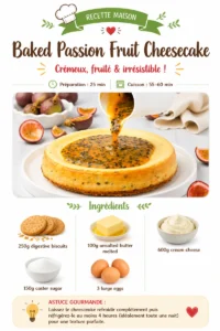 Delicious baked passion fruit cheesecake topped with fresh fruit garnish