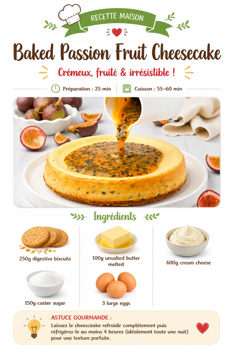 Delicious baked passion fruit cheesecake topped with fresh fruit garnish