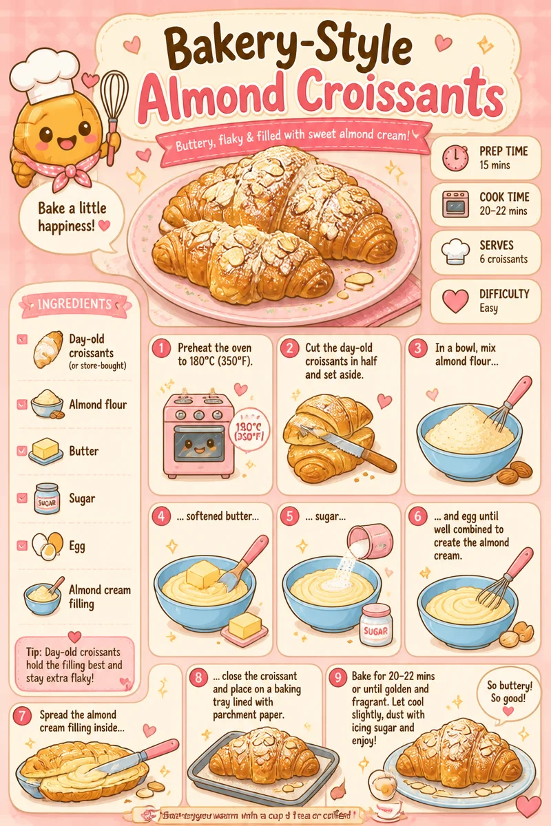 Freshly baked almond croissants with almond cream filling on a pastry display.