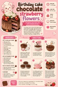 Delicious strawberry chocolate cake adorned with chocolate drizzle and strawberry flowers.