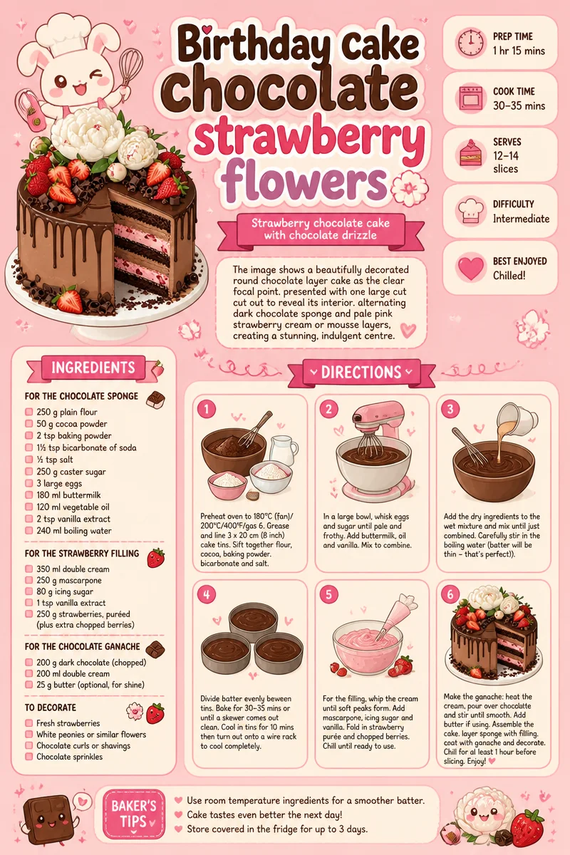 Birthday Cake with Chocolate and Strawberry Flowers | Strawberry Chocolate Cake with Chocolate Drizzle, Chocolate Cake with Strawberry Flowers