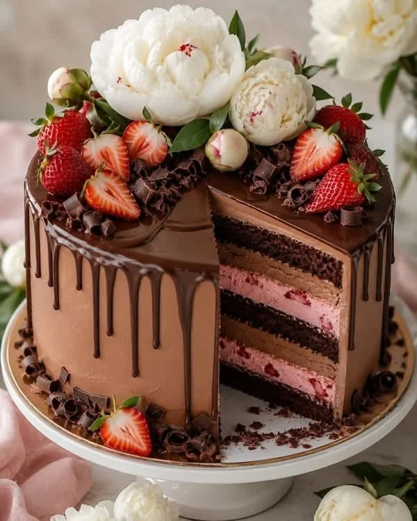 Birthday Cake with Chocolate and Strawberry Flowers | Strawberry Chocolate Cake with Chocolate Drizzle, Chocolate Cake with Strawberry Flowers