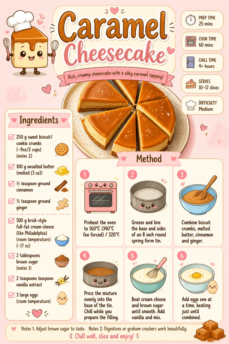 Delicious homemade Caramel Cheesecake with a silky texture and caramel drizzle