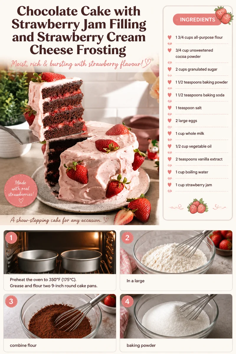 Chocolate Cake with Strawberry Jam Filling and Strawberry Cream Cheese Frosting
