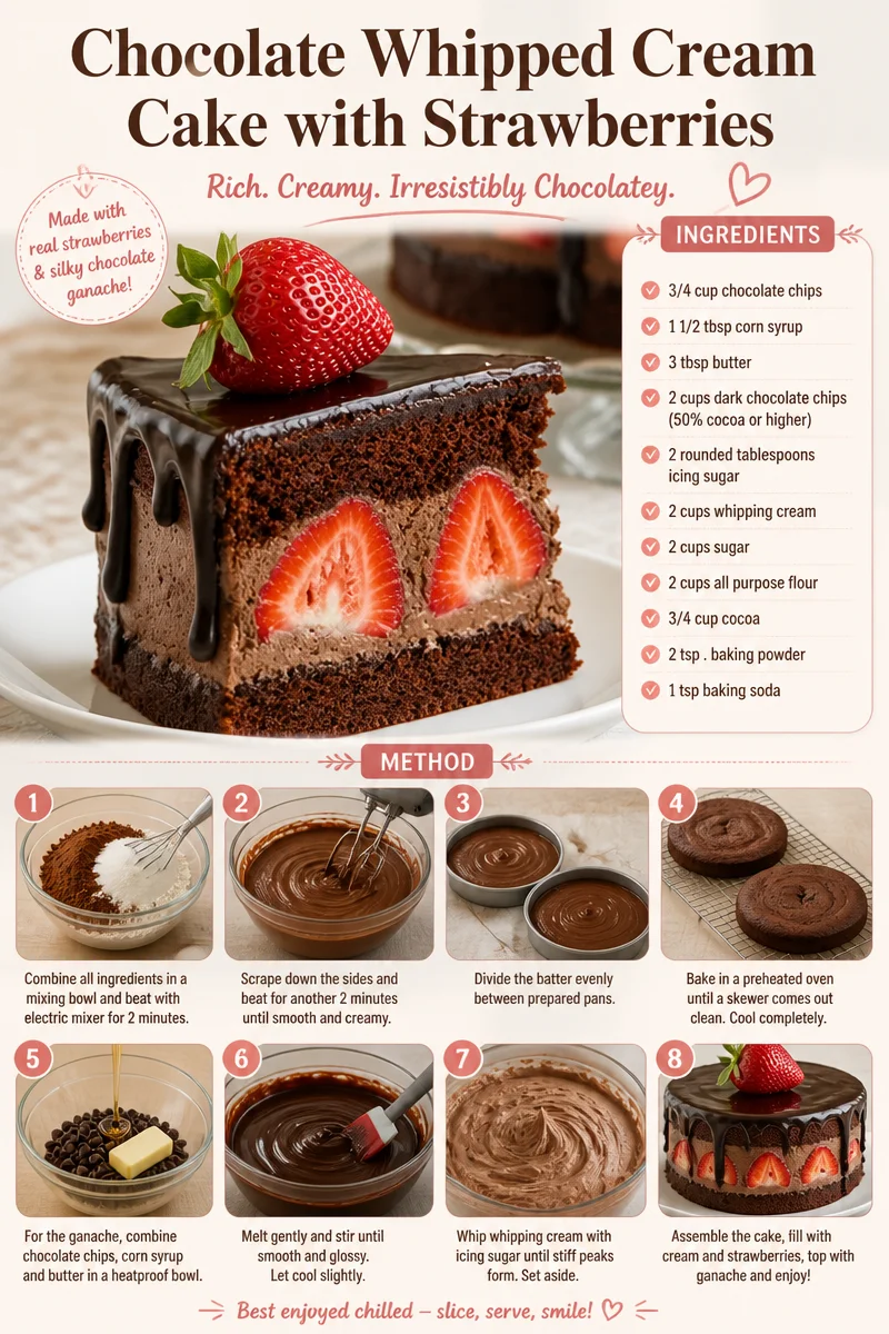 Chocolate Whipped Cream Cake decorated with strawberries