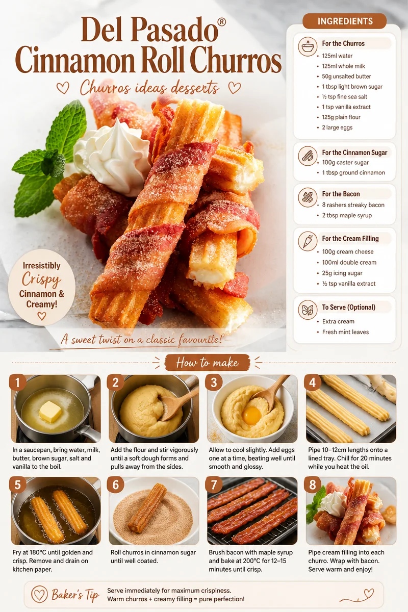 Del Pasado® Cinnamon Roll Churros | Churros dessert ideas, How to make cinnamon roll churros, Chocolate cinnamon roll churros