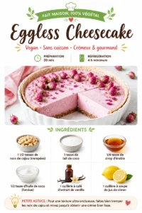 Delicious eggless cheesecake topped with fresh fruit and mint leaves