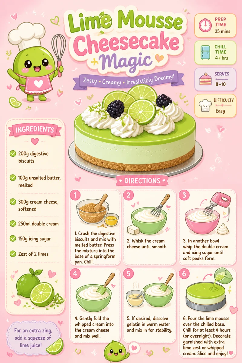 Sliced lime mousse cheesecake topped with lime zest and fresh mint leaves