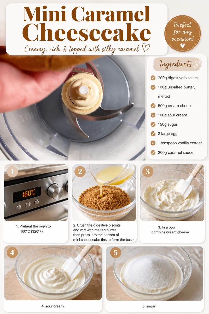 Delicious mini caramel cheesecake dessert topped with rich caramel sauce