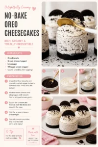 No-bake Oreo cheesecakes topped with crushed Oreos and chocolate drizzle