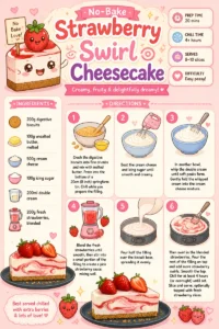 No-bake strawberry swirl cheesecake topped with fresh strawberries.