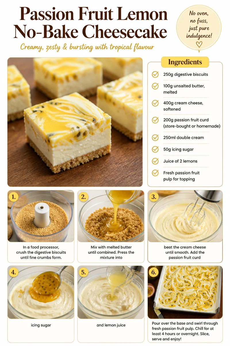 Slice of Passion Fruit Lemon No-Bake Cheesecake on a plate