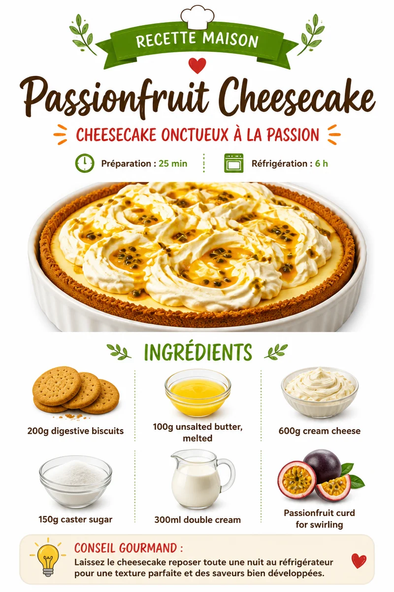 Slice of creamy Passionfruit Cheesecake topped with fresh passionfruit