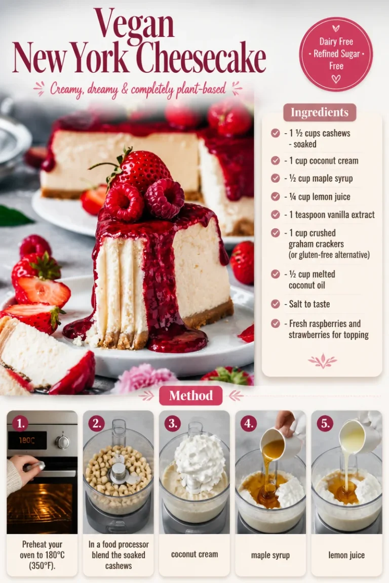 Delicious Vegan New York Cheesecake topped with fresh berries and mint.