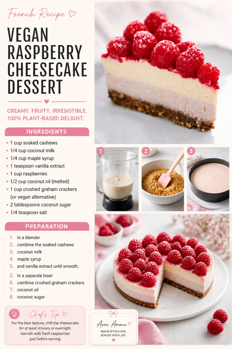 Delicious vegan raspberry cheesecake dessert topped with fresh raspberries