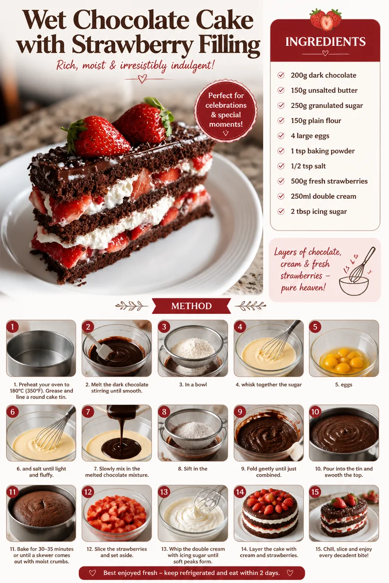 Moist chocolate cake with a delicious strawberry filling