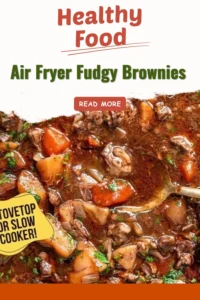 Delicious air fryer fudgy brownies served on a plate with chocolate drizzle