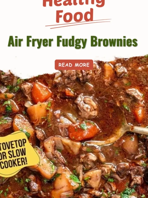 Delicious air fryer fudgy brownies served on a plate with chocolate drizzle