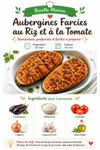 Aubergines farcies au riz et à la tomate, un plat savoureux et coloré.