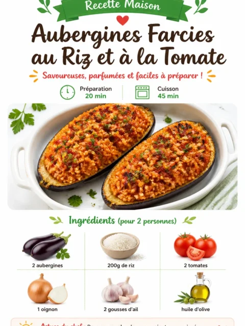 Aubergines farcies au riz et à la tomate, un plat savoureux et coloré.