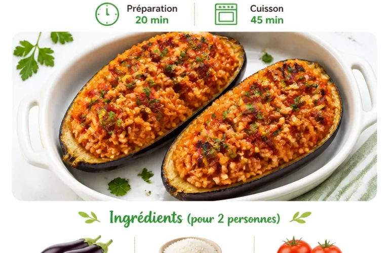 Aubergines farcies au riz et à la tomate, un plat savoureux et coloré.