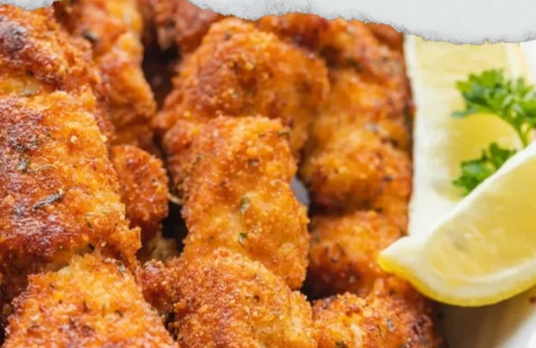 Golden breaded chicken skewers served on a plate with dipping sauce.