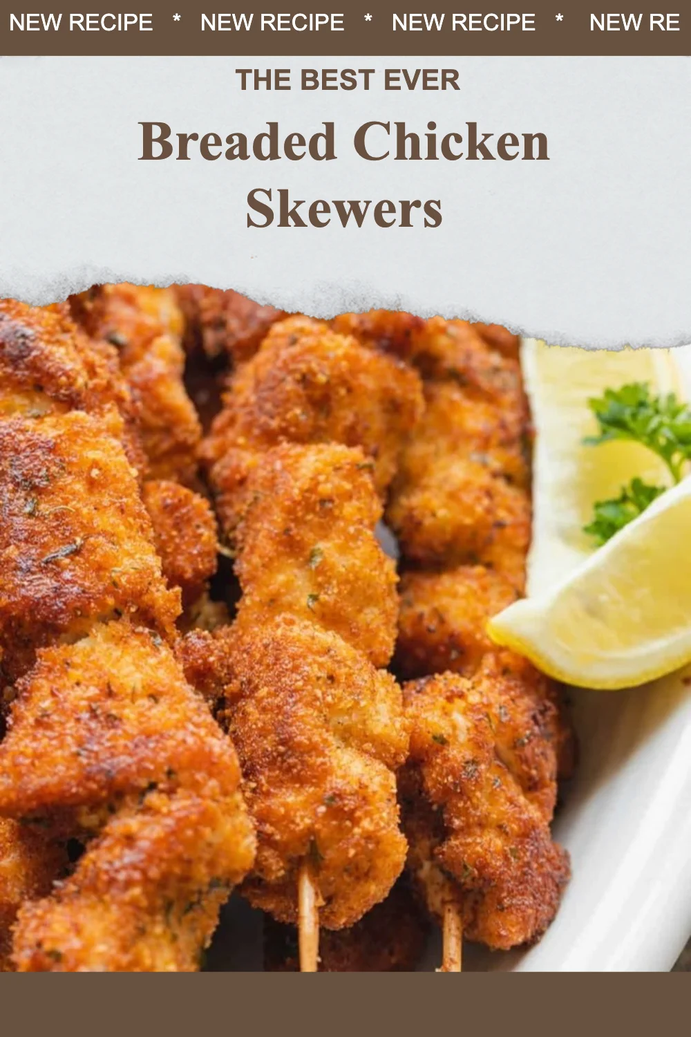 Golden breaded chicken skewers served on a plate with dipping sauce.