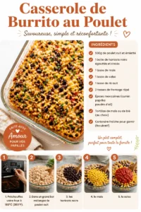 Casserole de burrito au poulet garnie de fromage et légumes frais