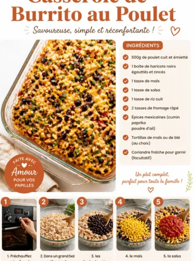 Casserole de burrito au poulet garnie de fromage et légumes frais