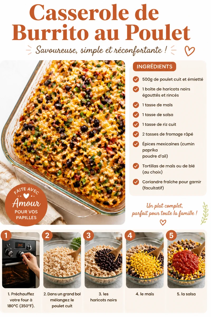 Casserole de burrito au poulet garnie de fromage et légumes frais