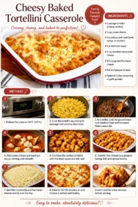 Cheesy baked tortellini casserole topped with melted cheese and herbs