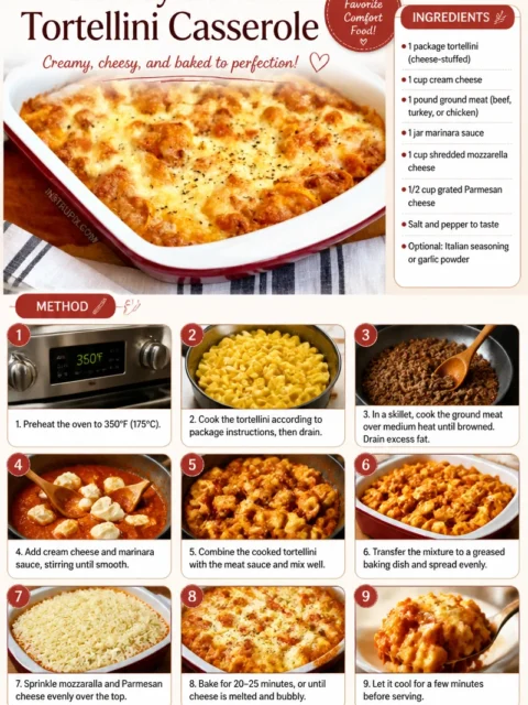 Cheesy baked tortellini casserole topped with melted cheese and herbs