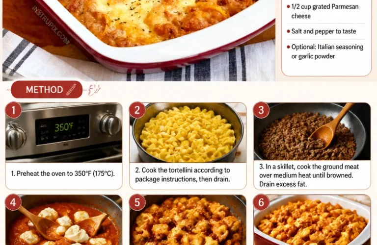 Cheesy baked tortellini casserole topped with melted cheese and herbs
