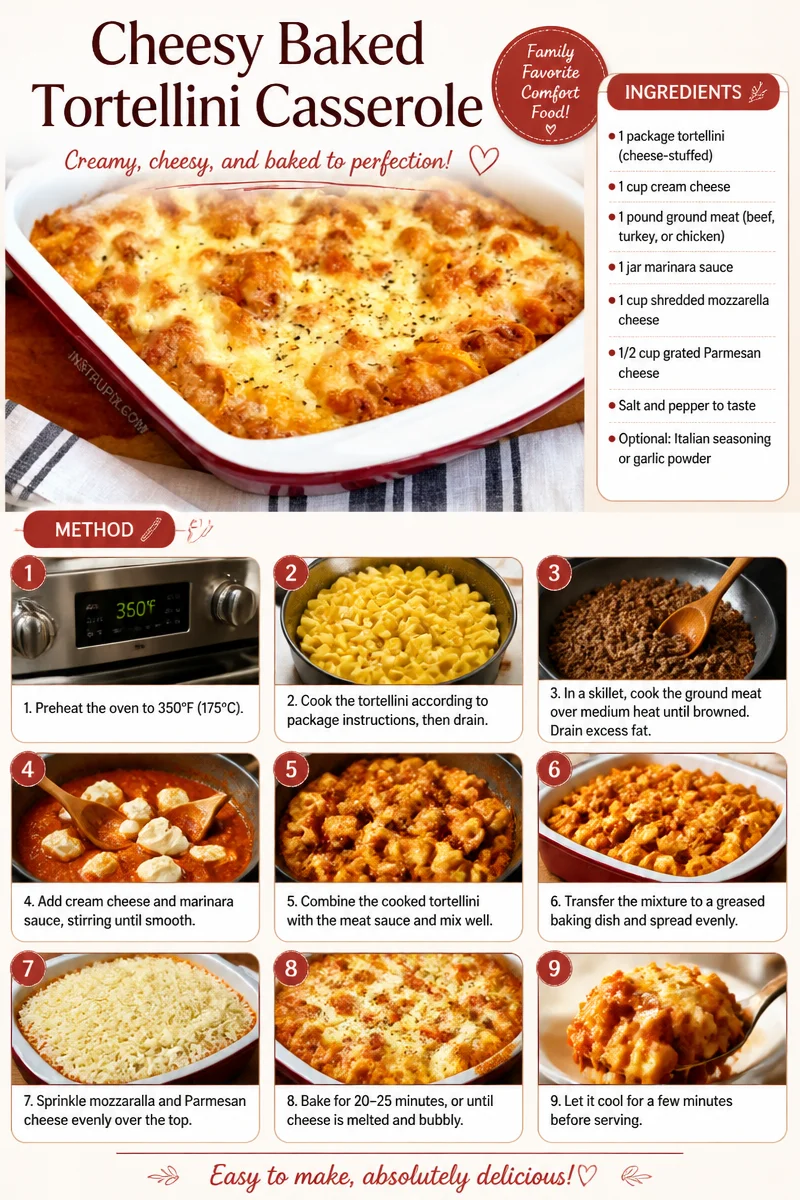 Cheesy baked tortellini casserole topped with melted cheese and herbs