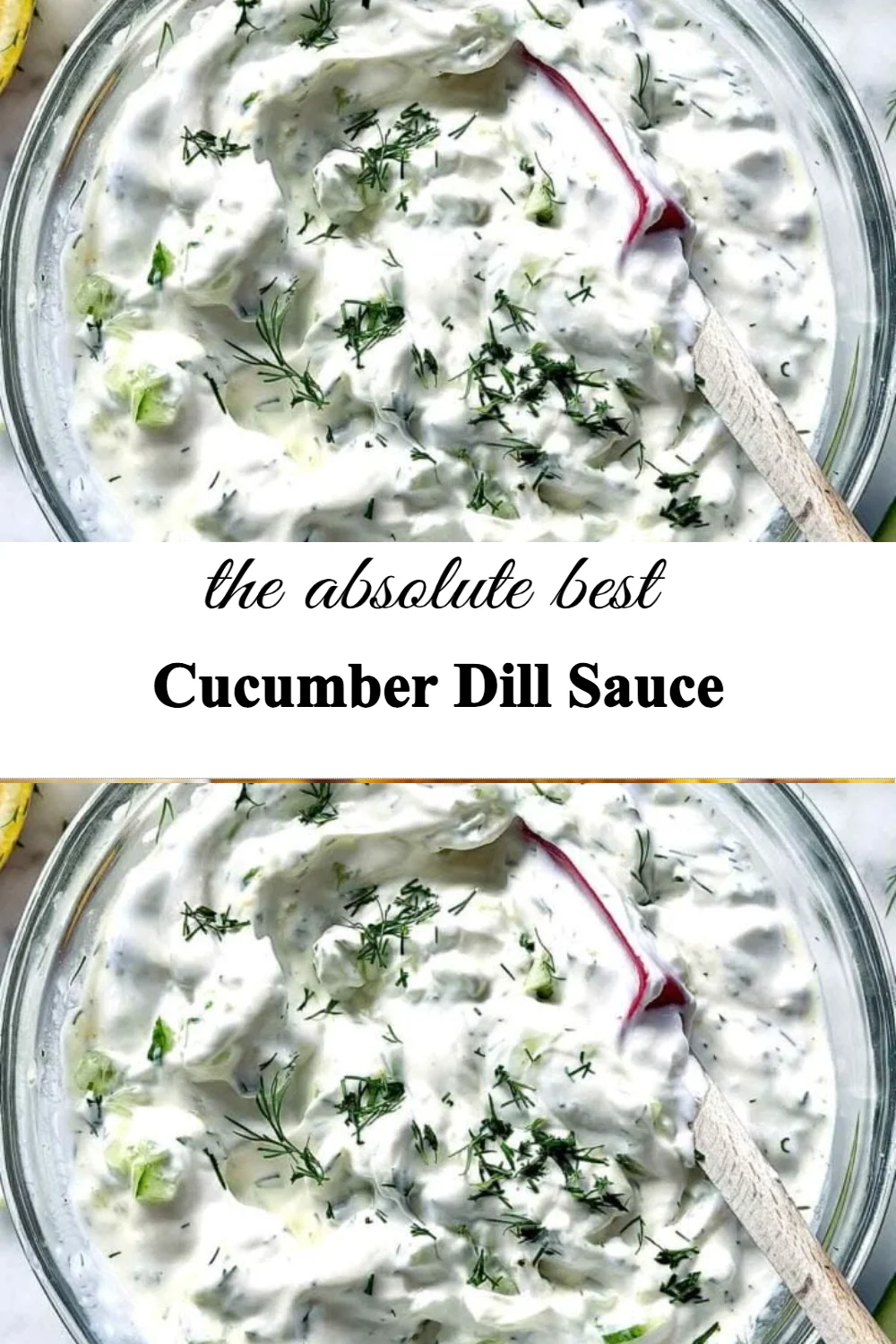 Bowl of Cucumber Dill Sauce garnished with fresh dill and cucumber slices