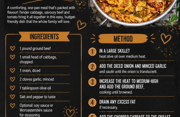 One-pan beef and cabbage skillet dish served on a plate