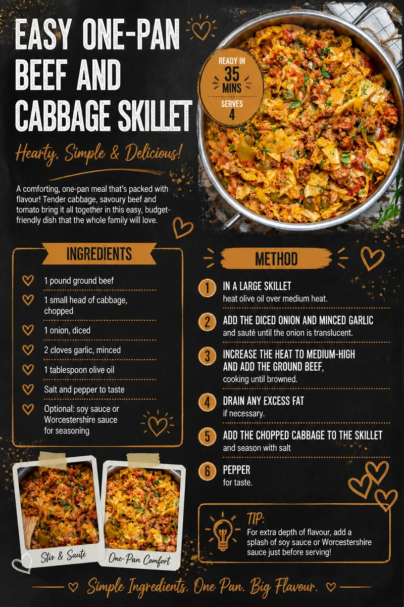 One-pan beef and cabbage skillet dish served on a plate