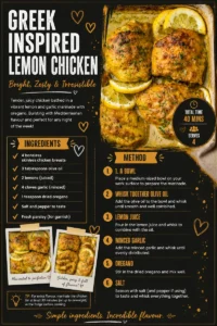 Delicious Greek-Inspired Lemon Chicken garnished with fresh herbs and lemon slices.
