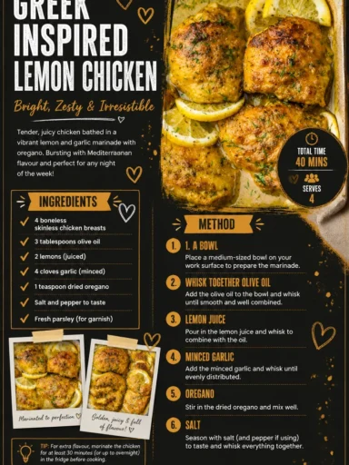 Delicious Greek-Inspired Lemon Chicken garnished with fresh herbs and lemon slices.