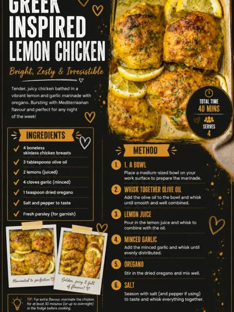 Delicious Greek-Inspired Lemon Chicken garnished with fresh herbs and lemon slices.