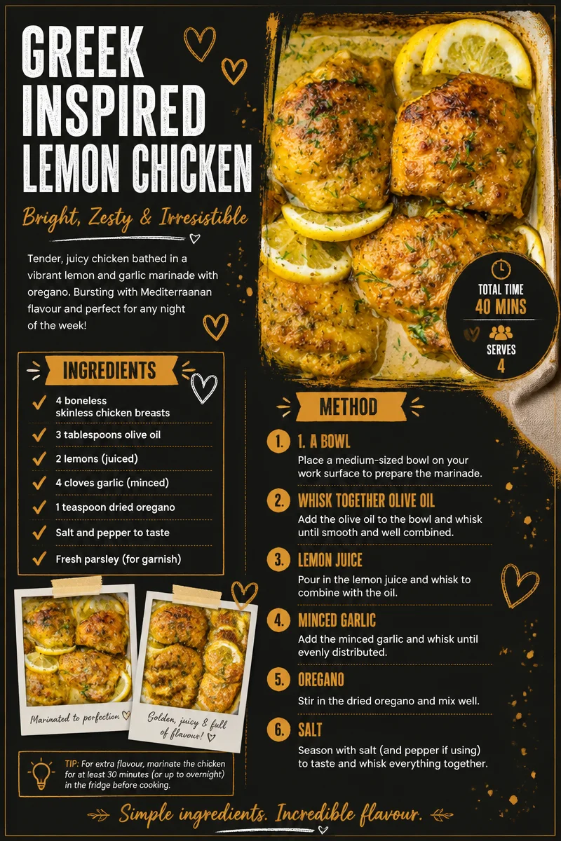 Delicious Greek-Inspired Lemon Chicken garnished with fresh herbs and lemon slices.