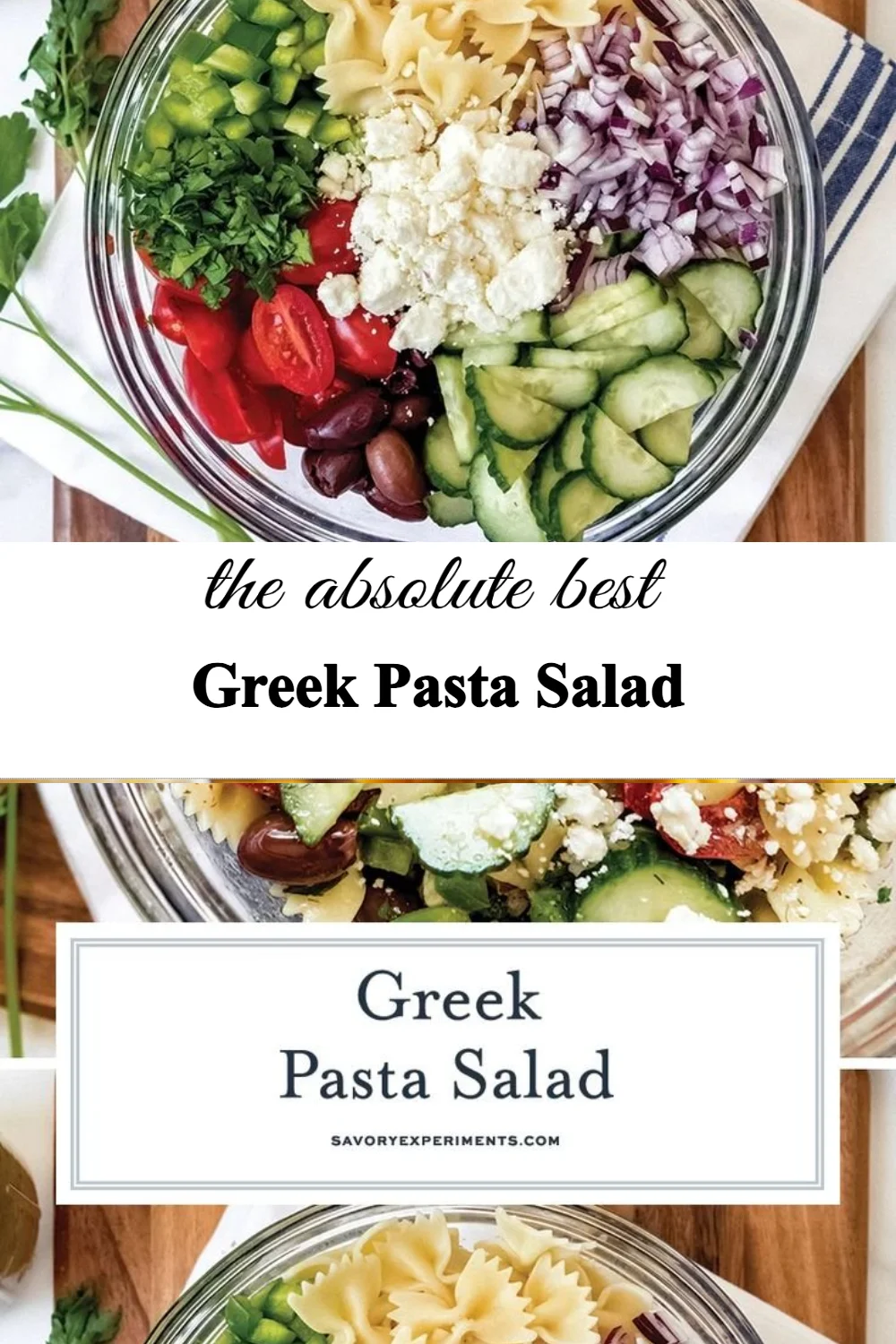 A colorful bowl of Greek Pasta Salad with olives, feta, and cherry tomatoes.