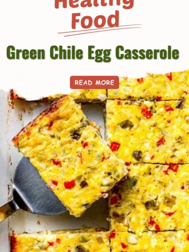 A delicious Green Chile Egg Casserole topped with cheese and green chiles.