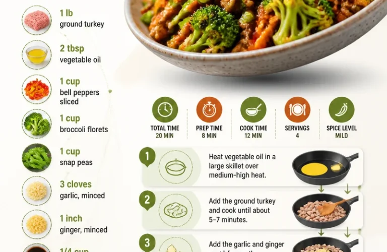 Ground Turkey Teriyaki Stir Fry with colorful vegetables in a skillet