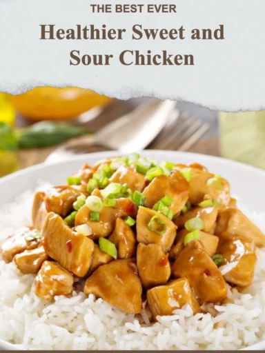 Healthier sweet and sour chicken served with vegetables on a plate