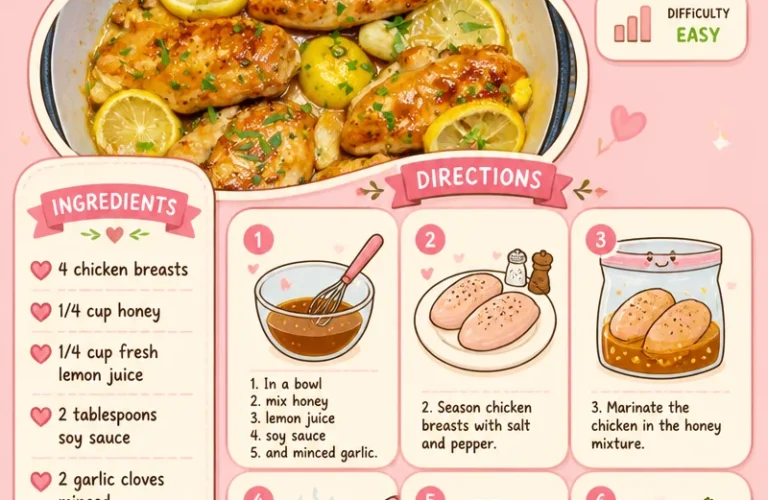 Plate of Honey Lemon Chicken garnished with lemon slices and herbs