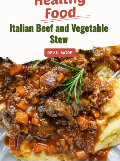 Bowl of Italian Beef and Vegetable Stew garnished with fresh herbs