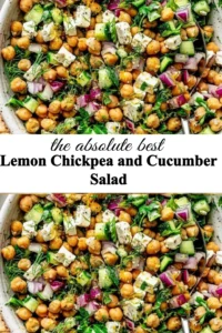Lemon chickpea and cucumber salad in a bowl with fresh herbs