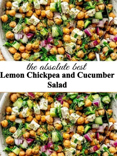 Lemon chickpea and cucumber salad in a bowl with fresh herbs