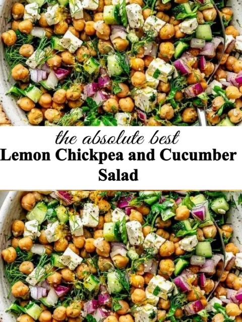 Lemon chickpea and cucumber salad in a bowl with fresh herbs
